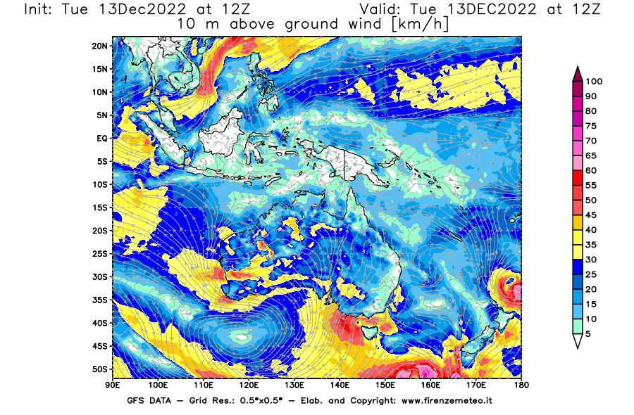 Mappa di analisi GFS - Velocità del vento a 10 metri dal suolo [km/h] in Oceania
							del 13/12/2022 12 <!--googleoff: index-->UTC<!--googleon: index-->