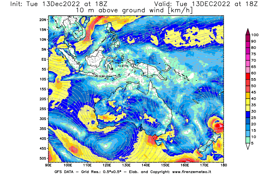 Mappa di analisi GFS - Velocità del vento a 10 metri dal suolo [km/h] in Oceania
							del 13/12/2022 18 <!--googleoff: index-->UTC<!--googleon: index-->