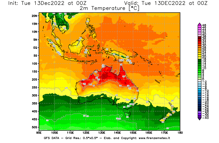 Mappa di analisi GFS - Temperatura a 2 metri dal suolo [°C] in Oceania
							del 13/12/2022 00 <!--googleoff: index-->UTC<!--googleon: index-->