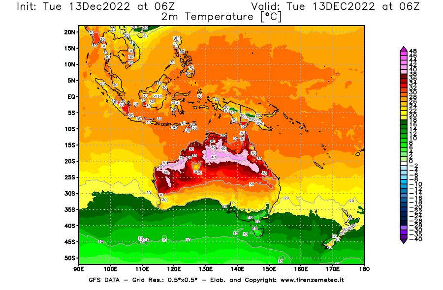 Mappa di analisi GFS - Temperatura a 2 metri dal suolo [°C] in Oceania
							del 13/12/2022 06 <!--googleoff: index-->UTC<!--googleon: index-->