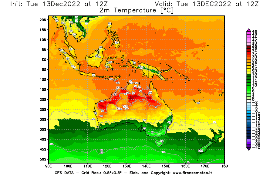 Mappa di analisi GFS - Temperatura a 2 metri dal suolo [°C] in Oceania
							del 13/12/2022 12 <!--googleoff: index-->UTC<!--googleon: index-->