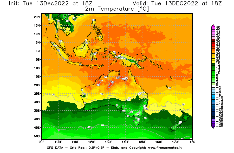 Mappa di analisi GFS - Temperatura a 2 metri dal suolo [°C] in Oceania
							del 13/12/2022 18 <!--googleoff: index-->UTC<!--googleon: index-->