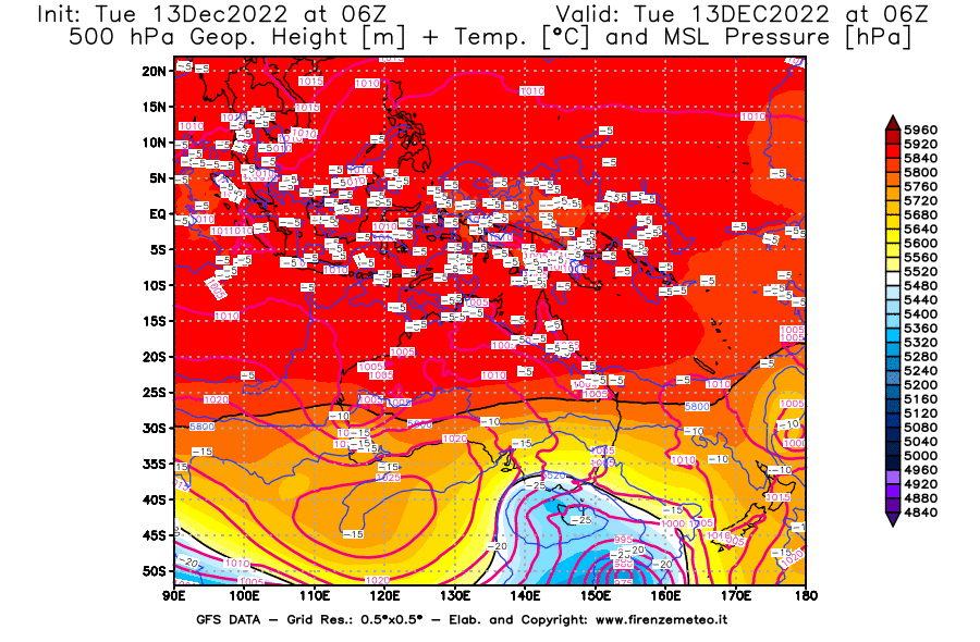 Mappa di analisi GFS - Geopotenziale [m] + Temp. [°C] a 500 hPa + Press. a livello del mare [hPa] in Oceania
							del 13/12/2022 06 <!--googleoff: index-->UTC<!--googleon: index-->