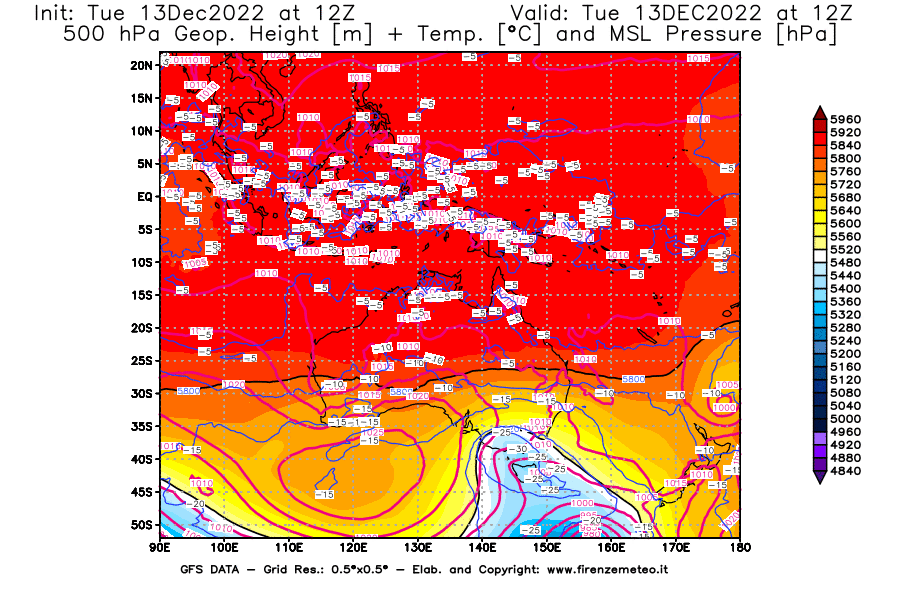 Mappa di analisi GFS - Geopotenziale [m] + Temp. [°C] a 500 hPa + Press. a livello del mare [hPa] in Oceania
							del 13/12/2022 12 <!--googleoff: index-->UTC<!--googleon: index-->