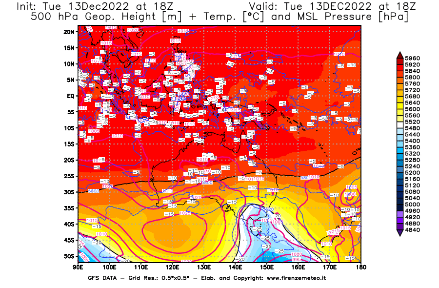 Mappa di analisi GFS - Geopotenziale [m] + Temp. [°C] a 500 hPa + Press. a livello del mare [hPa] in Oceania
							del 13/12/2022 18 <!--googleoff: index-->UTC<!--googleon: index-->
