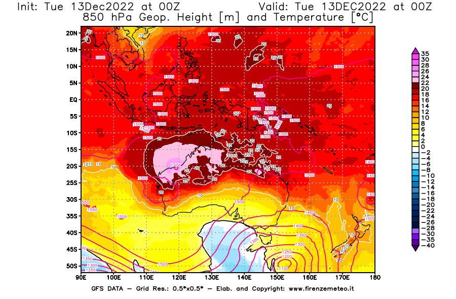 Mappa di analisi GFS - Geopotenziale [m] e Temperatura [°C] a 850 hPa in Oceania
							del 13/12/2022 00 <!--googleoff: index-->UTC<!--googleon: index-->