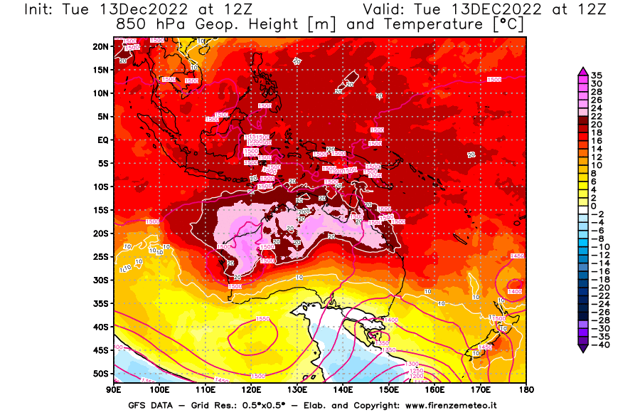 Mappa di analisi GFS - Geopotenziale [m] e Temperatura [°C] a 850 hPa in Oceania
							del 13/12/2022 12 <!--googleoff: index-->UTC<!--googleon: index-->