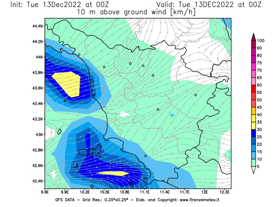 Mappa di analisi GFS - Velocità del vento a 10 metri dal suolo [km/h] in Toscana
							del 13/12/2022 00 <!--googleoff: index-->UTC<!--googleon: index-->
