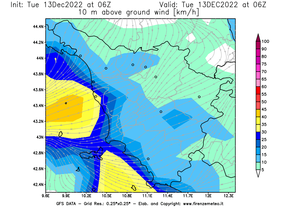 Mappa di analisi GFS - Velocità del vento a 10 metri dal suolo [km/h] in Toscana
							del 13/12/2022 06 <!--googleoff: index-->UTC<!--googleon: index-->