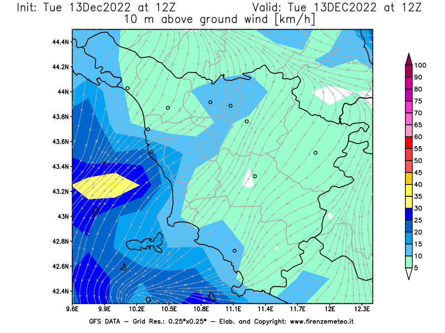 Mappa di analisi GFS - Velocità del vento a 10 metri dal suolo [km/h] in Toscana
							del 13/12/2022 12 <!--googleoff: index-->UTC<!--googleon: index-->