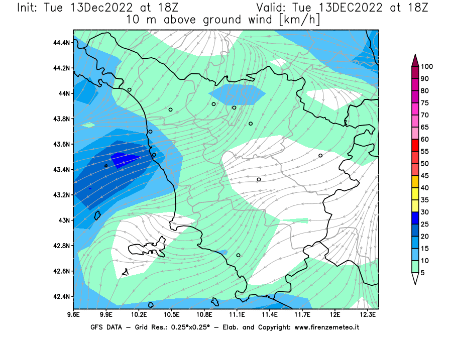 Mappa di analisi GFS - Velocità del vento a 10 metri dal suolo [km/h] in Toscana
							del 13/12/2022 18 <!--googleoff: index-->UTC<!--googleon: index-->