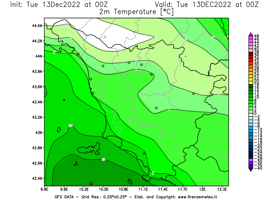 Mappa di analisi GFS - Temperatura a 2 metri dal suolo [°C] in Toscana
							del 13/12/2022 00 <!--googleoff: index-->UTC<!--googleon: index-->
