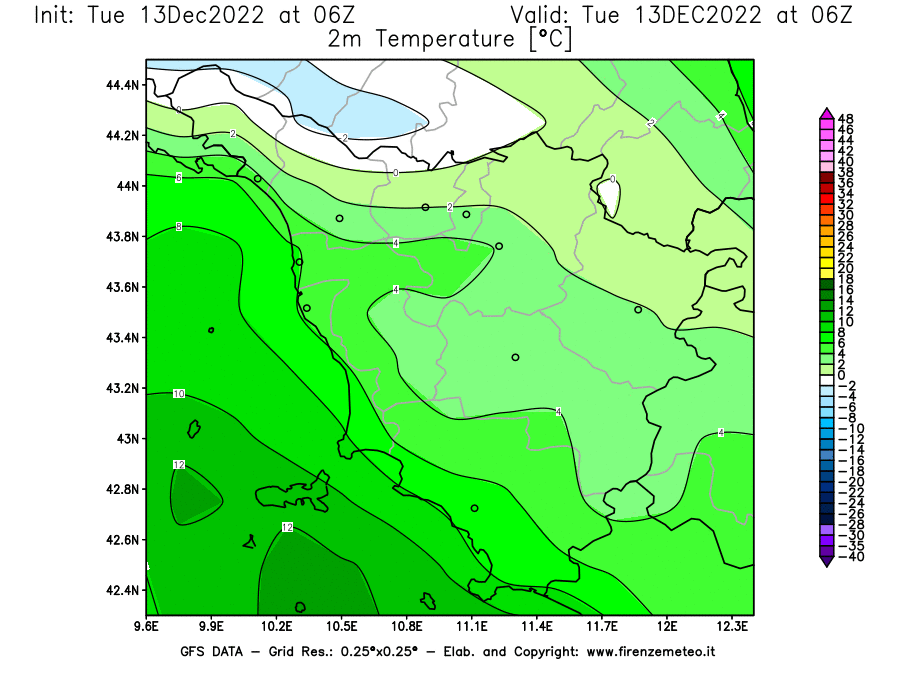 Mappa di analisi GFS - Temperatura a 2 metri dal suolo [°C] in Toscana
							del 13/12/2022 06 <!--googleoff: index-->UTC<!--googleon: index-->