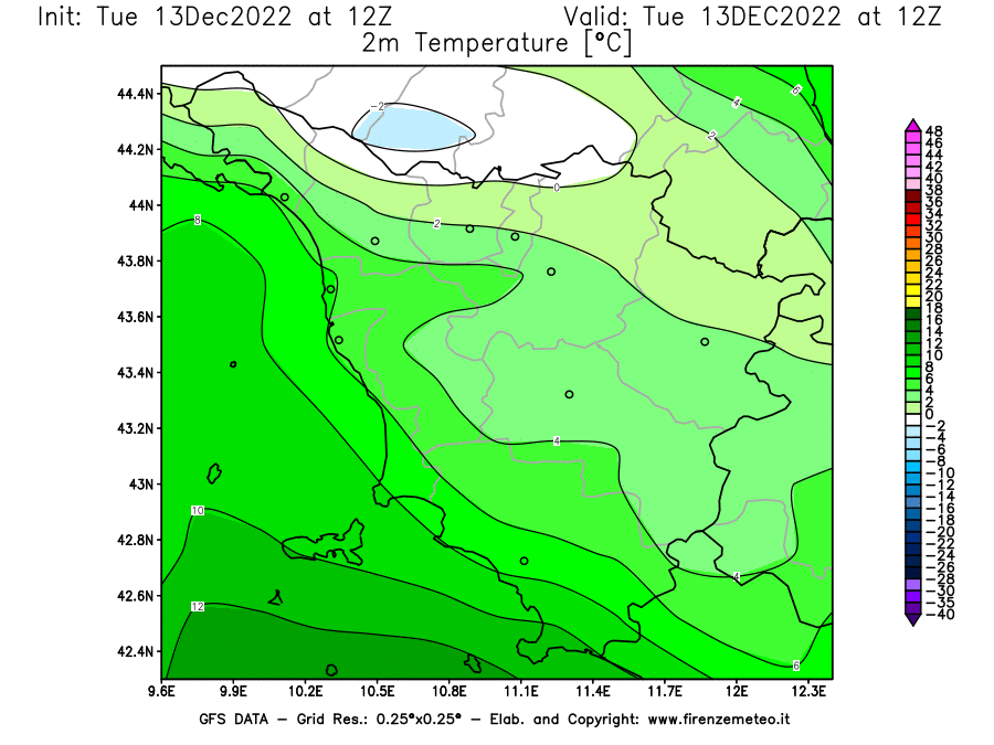 Mappa di analisi GFS - Temperatura a 2 metri dal suolo [°C] in Toscana
							del 13/12/2022 12 <!--googleoff: index-->UTC<!--googleon: index-->