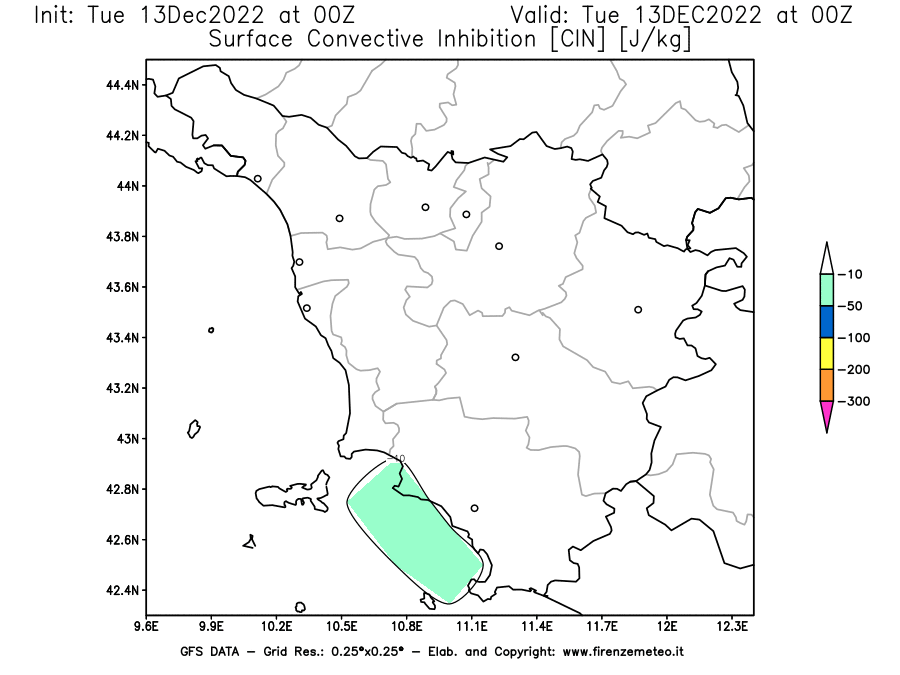 Mappa di analisi GFS - CIN [J/kg] in Toscana
							del 13/12/2022 00 <!--googleoff: index-->UTC<!--googleon: index-->