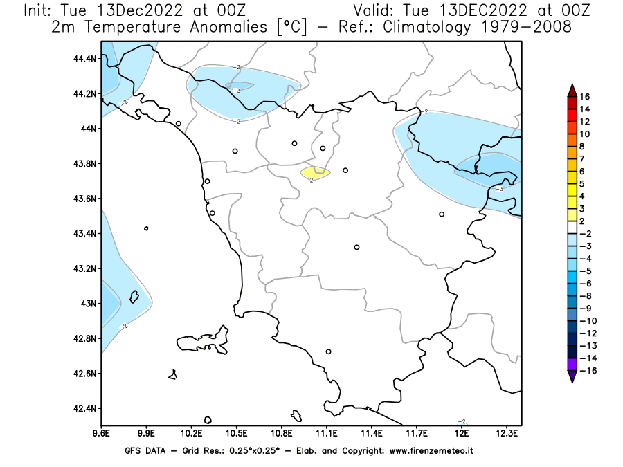 Mappa di analisi GFS - Anomalia Temperatura [°C] a 2 m in Toscana
							del 13/12/2022 00 <!--googleoff: index-->UTC<!--googleon: index-->