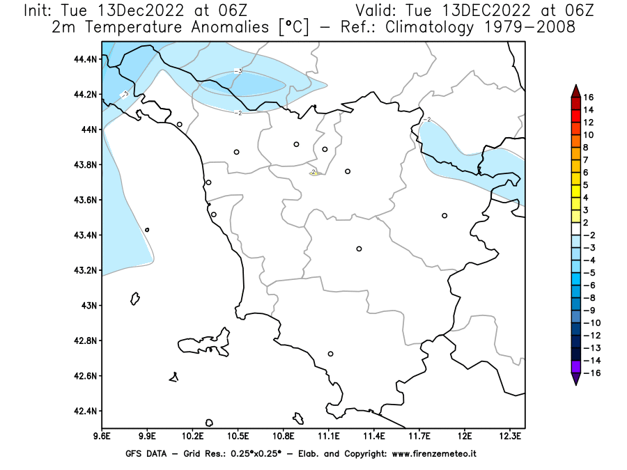 Mappa di analisi GFS - Anomalia Temperatura [°C] a 2 m in Toscana
							del 13/12/2022 06 <!--googleoff: index-->UTC<!--googleon: index-->