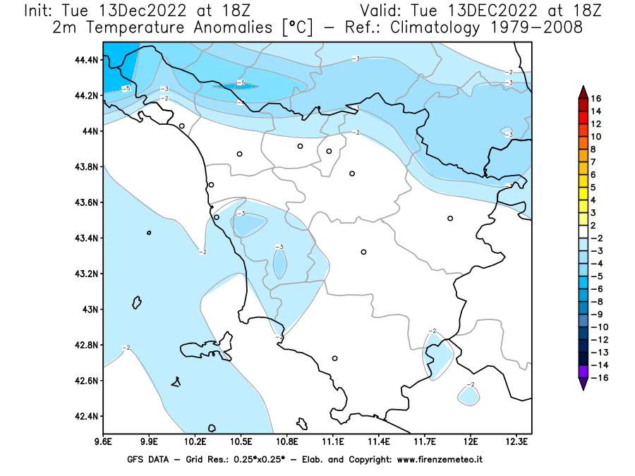 Mappa di analisi GFS - Anomalia Temperatura [°C] a 2 m in Toscana
							del 13/12/2022 18 <!--googleoff: index-->UTC<!--googleon: index-->