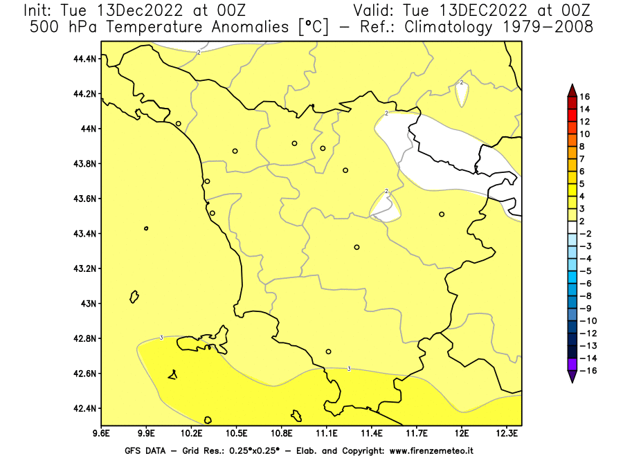 Mappa di analisi GFS - Anomalia Temperatura [°C] a 500 hPa in Toscana
							del 13/12/2022 00 <!--googleoff: index-->UTC<!--googleon: index-->