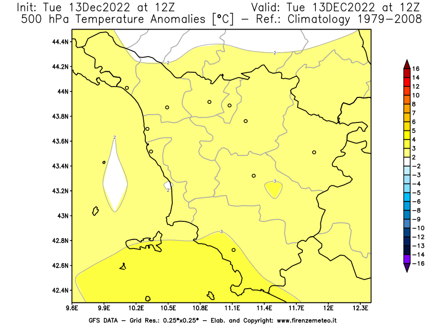 Mappa di analisi GFS - Anomalia Temperatura [°C] a 500 hPa in Toscana
							del 13/12/2022 12 <!--googleoff: index-->UTC<!--googleon: index-->