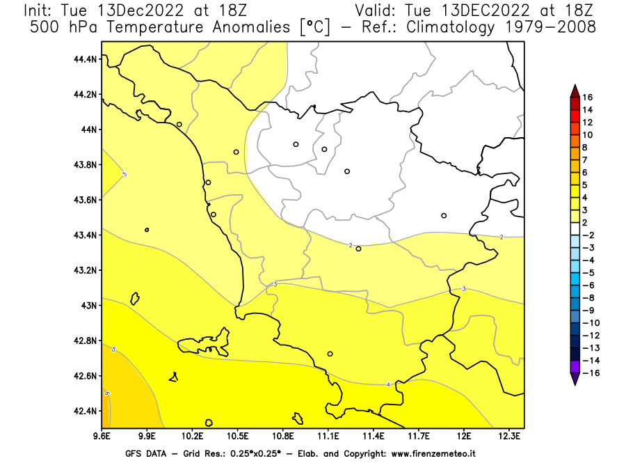 Mappa di analisi GFS - Anomalia Temperatura [°C] a 500 hPa in Toscana
							del 13/12/2022 18 <!--googleoff: index-->UTC<!--googleon: index-->