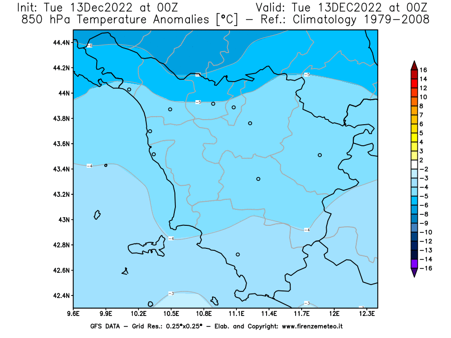 Mappa di analisi GFS - Anomalia Temperatura [°C] a 850 hPa in Toscana
							del 13/12/2022 00 <!--googleoff: index-->UTC<!--googleon: index-->