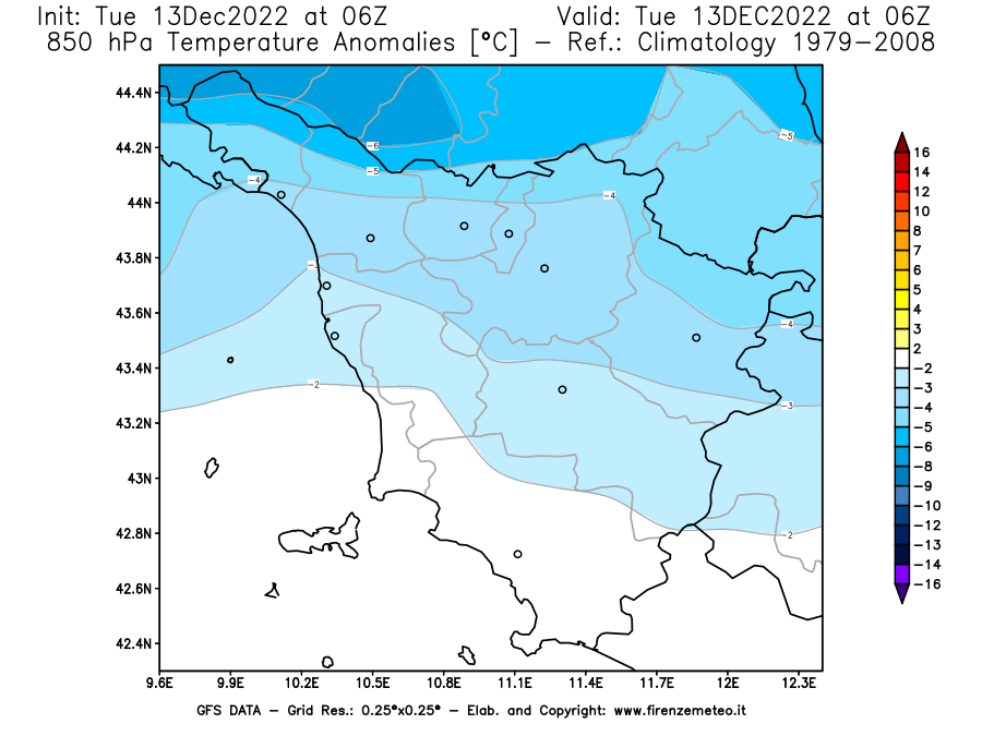 Mappa di analisi GFS - Anomalia Temperatura [°C] a 850 hPa in Toscana
							del 13/12/2022 06 <!--googleoff: index-->UTC<!--googleon: index-->