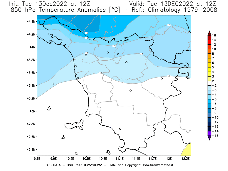 Mappa di analisi GFS - Anomalia Temperatura [°C] a 850 hPa in Toscana
							del 13/12/2022 12 <!--googleoff: index-->UTC<!--googleon: index-->