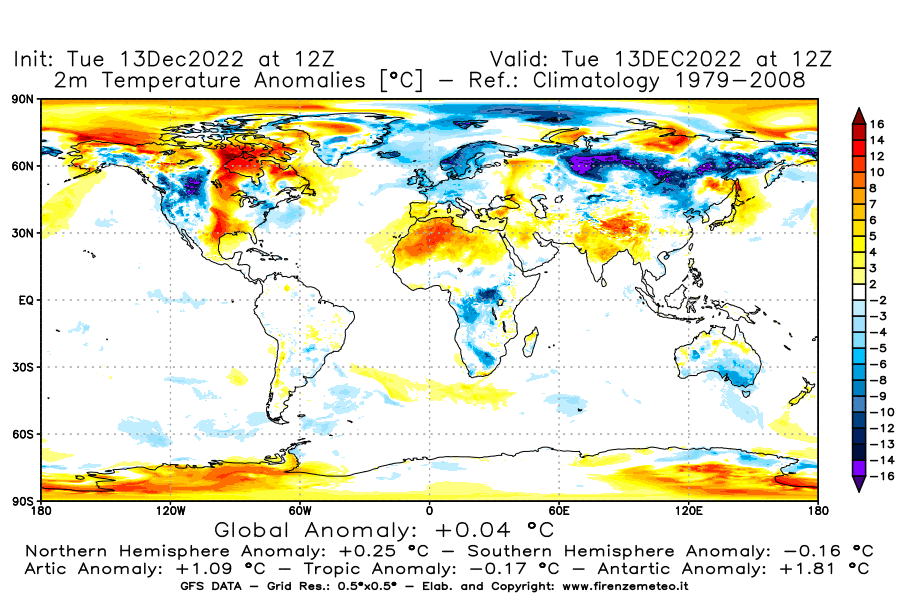 Mappa di analisi GFS - Anomalia Temperatura [°C] a 2 m in World
							del 13/12/2022 12 <!--googleoff: index-->UTC<!--googleon: index-->