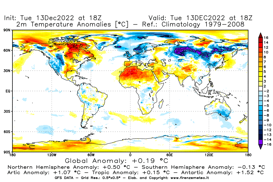 Mappa di analisi GFS - Anomalia Temperatura [°C] a 2 m in World
							del 13/12/2022 18 <!--googleoff: index-->UTC<!--googleon: index-->