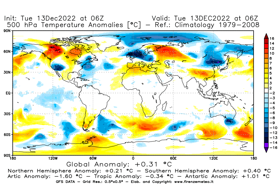 Mappa di analisi GFS - Anomalia Temperatura [°C] a 500 hPa in World
							del 13/12/2022 06 <!--googleoff: index-->UTC<!--googleon: index-->
