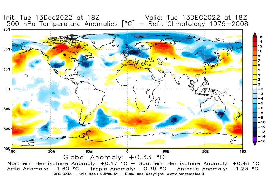 Mappa di analisi GFS - Anomalia Temperatura [°C] a 500 hPa in World
							del 13/12/2022 18 <!--googleoff: index-->UTC<!--googleon: index-->
