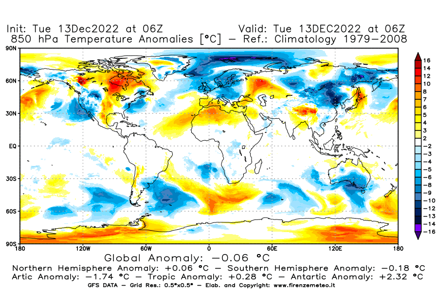 Mappa di analisi GFS - Anomalia Temperatura [°C] a 850 hPa in World
							del 13/12/2022 06 <!--googleoff: index-->UTC<!--googleon: index-->