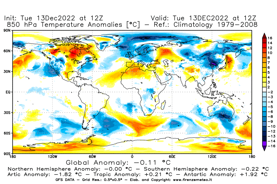 Mappa di analisi GFS - Anomalia Temperatura [°C] a 850 hPa in World
							del 13/12/2022 12 <!--googleoff: index-->UTC<!--googleon: index-->