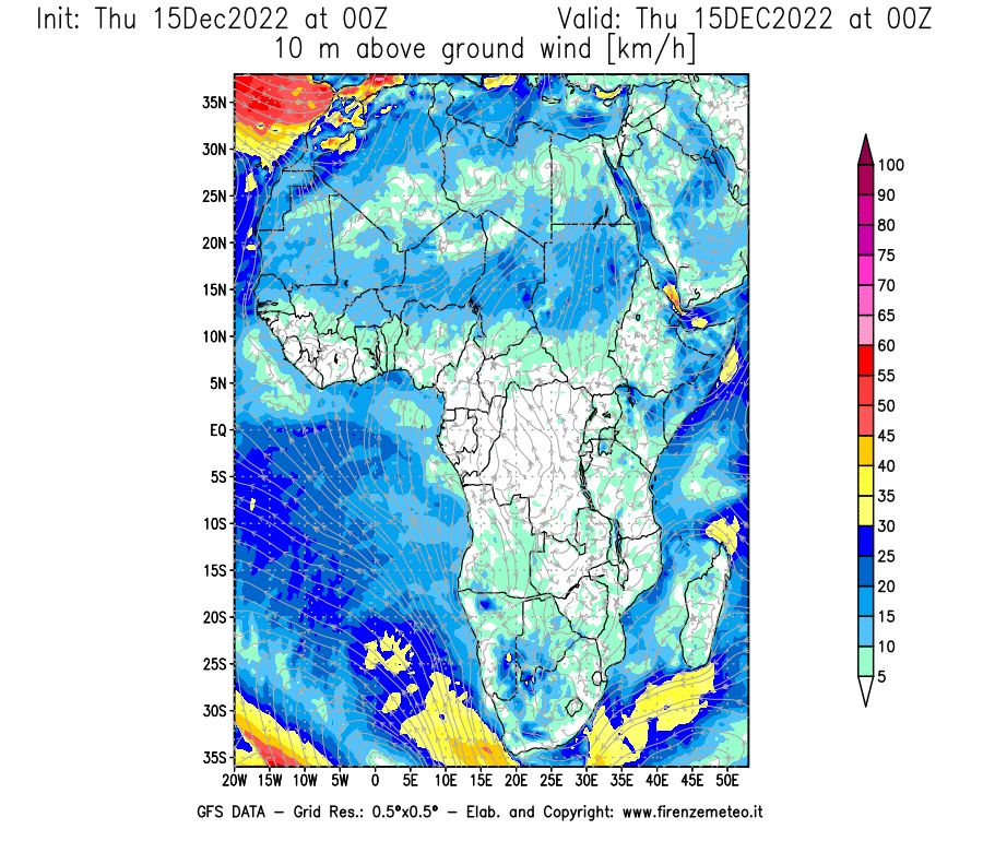 Mappa di analisi GFS - Velocità del vento a 10 metri dal suolo [km/h] in Africa
							del 15/12/2022 00 <!--googleoff: index-->UTC<!--googleon: index-->