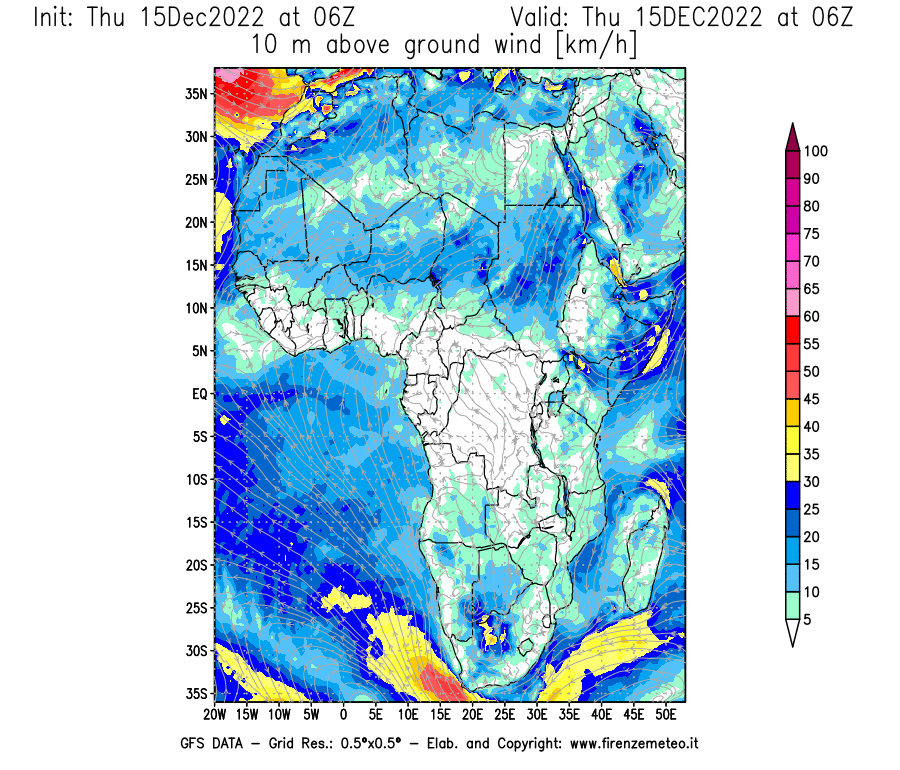 Mappa di analisi GFS - Velocità del vento a 10 metri dal suolo [km/h] in Africa
							del 15/12/2022 06 <!--googleoff: index-->UTC<!--googleon: index-->