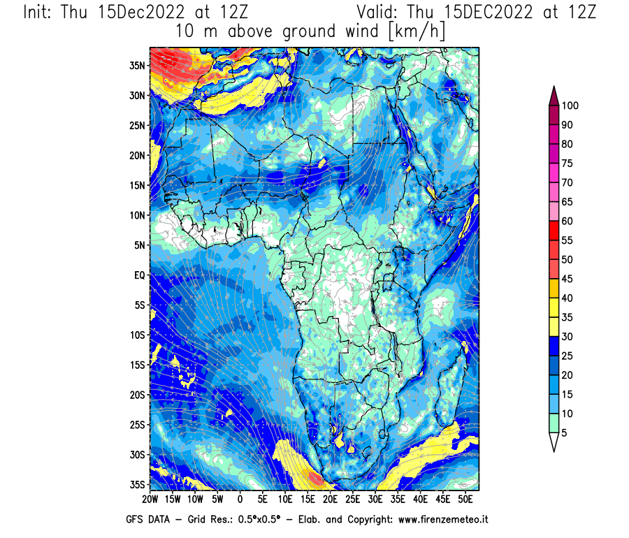 Mappa di analisi GFS - Velocità del vento a 10 metri dal suolo [km/h] in Africa
							del 15/12/2022 12 <!--googleoff: index-->UTC<!--googleon: index-->