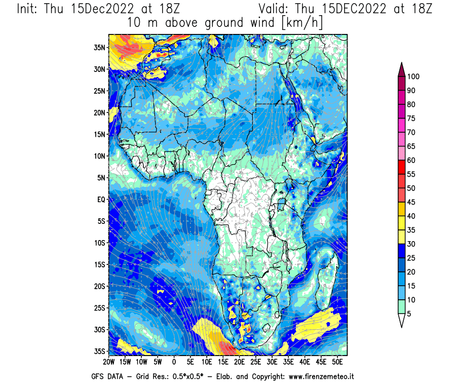 Mappa di analisi GFS - Velocità del vento a 10 metri dal suolo [km/h] in Africa
							del 15/12/2022 18 <!--googleoff: index-->UTC<!--googleon: index-->