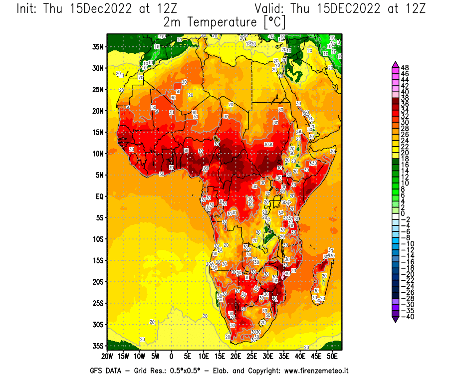 Mappa di analisi GFS - Temperatura a 2 metri dal suolo [°C] in Africa
							del 15/12/2022 12 <!--googleoff: index-->UTC<!--googleon: index-->