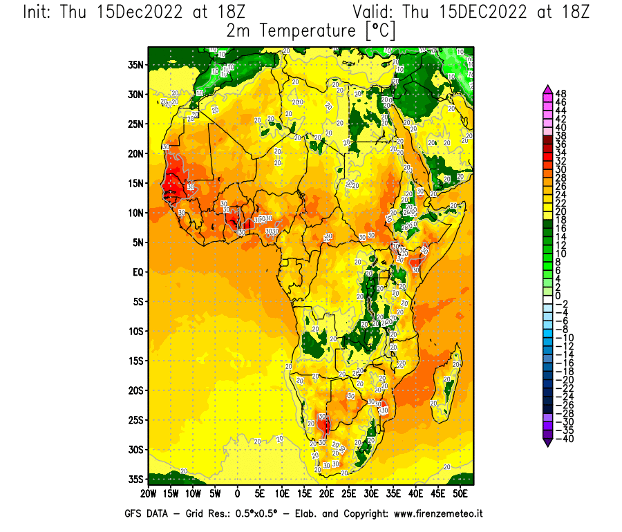 Mappa di analisi GFS - Temperatura a 2 metri dal suolo [°C] in Africa
							del 15/12/2022 18 <!--googleoff: index-->UTC<!--googleon: index-->