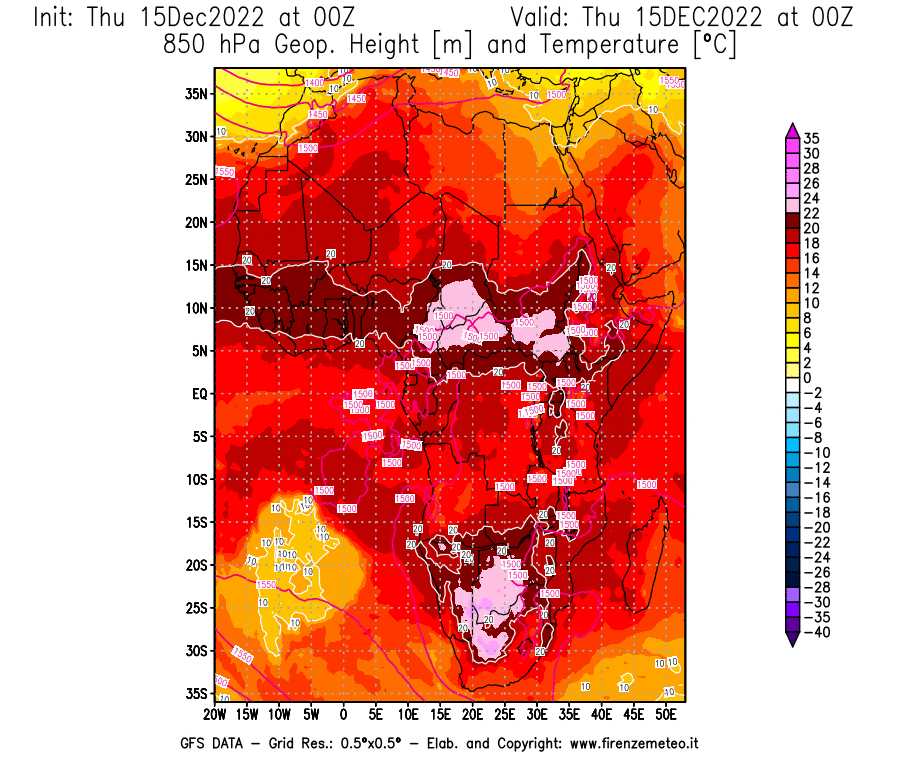 Mappa di analisi GFS - Geopotenziale [m] e Temperatura [°C] a 850 hPa in Africa
							del 15/12/2022 00 <!--googleoff: index-->UTC<!--googleon: index-->