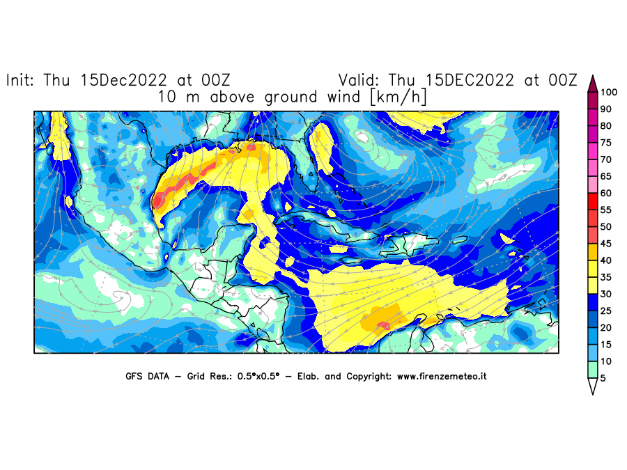 Mappa di analisi GFS - Velocità del vento a 10 metri dal suolo [km/h] in Centro-America
							del 15/12/2022 00 <!--googleoff: index-->UTC<!--googleon: index-->