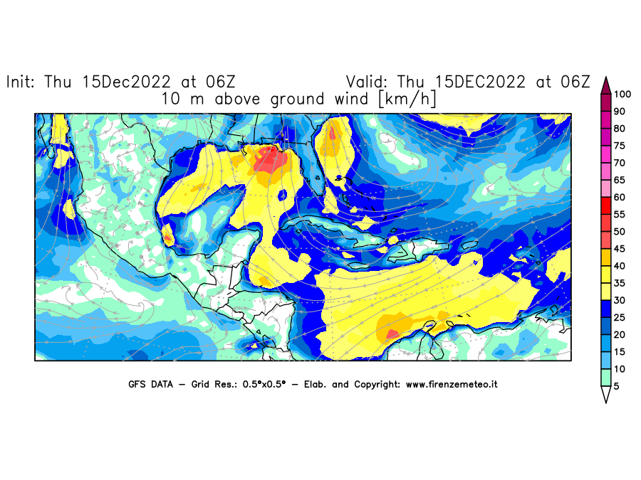 Mappa di analisi GFS - Velocità del vento a 10 metri dal suolo [km/h] in Centro-America
							del 15/12/2022 06 <!--googleoff: index-->UTC<!--googleon: index-->