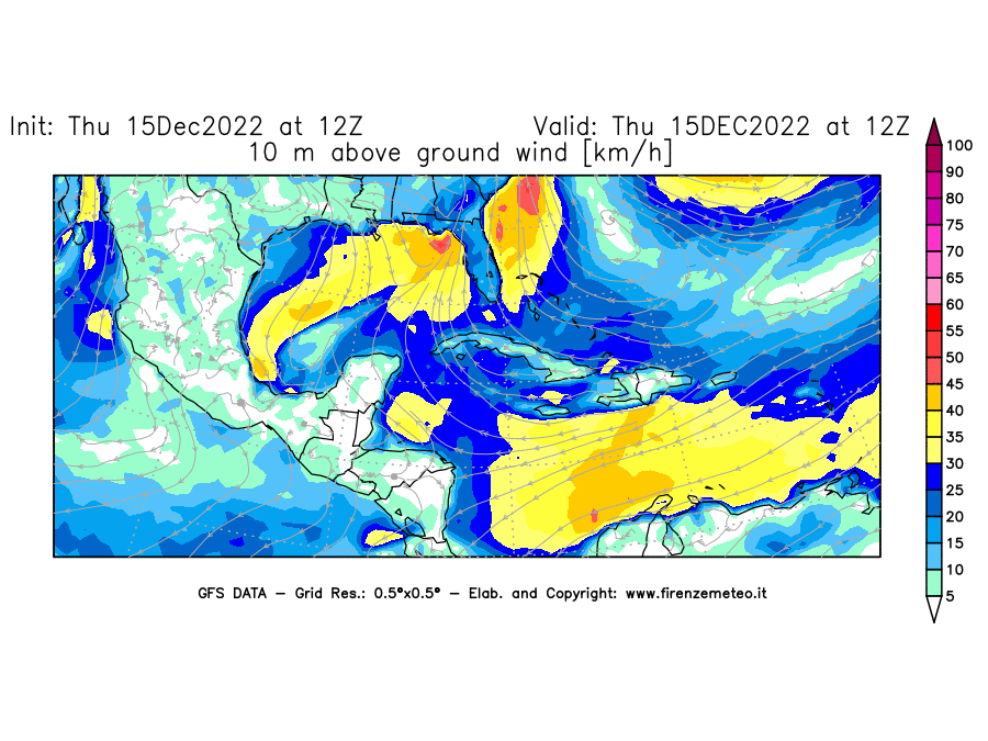 Mappa di analisi GFS - Velocità del vento a 10 metri dal suolo [km/h] in Centro-America
							del 15/12/2022 12 <!--googleoff: index-->UTC<!--googleon: index-->