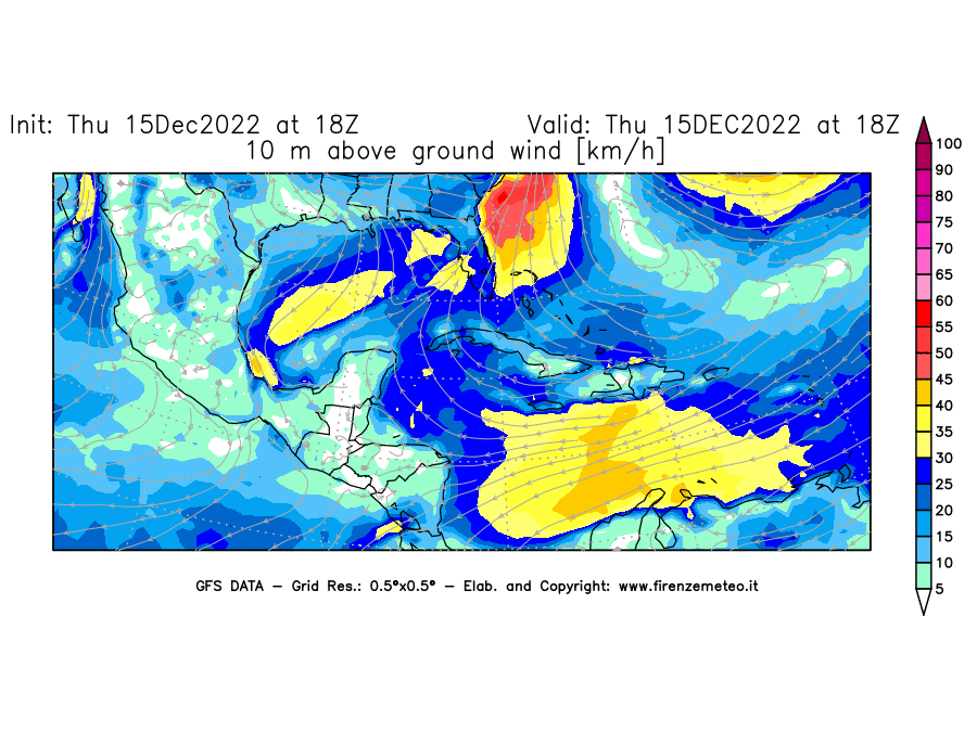 Mappa di analisi GFS - Velocità del vento a 10 metri dal suolo [km/h] in Centro-America
							del 15/12/2022 18 <!--googleoff: index-->UTC<!--googleon: index-->