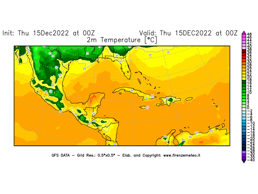 Mappa di analisi GFS - Temperatura a 2 metri dal suolo [°C] in Centro-America
							del 15/12/2022 00 <!--googleoff: index-->UTC<!--googleon: index-->