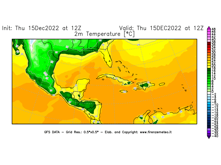Mappa di analisi GFS - Temperatura a 2 metri dal suolo [°C] in Centro-America
							del 15/12/2022 12 <!--googleoff: index-->UTC<!--googleon: index-->