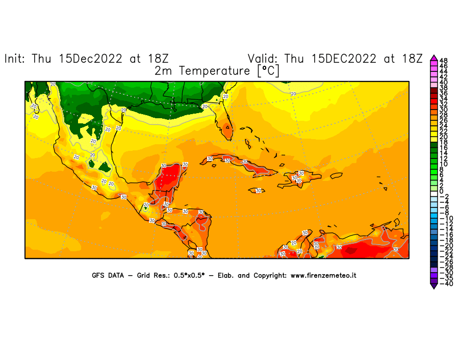 Mappa di analisi GFS - Temperatura a 2 metri dal suolo [°C] in Centro-America
							del 15/12/2022 18 <!--googleoff: index-->UTC<!--googleon: index-->