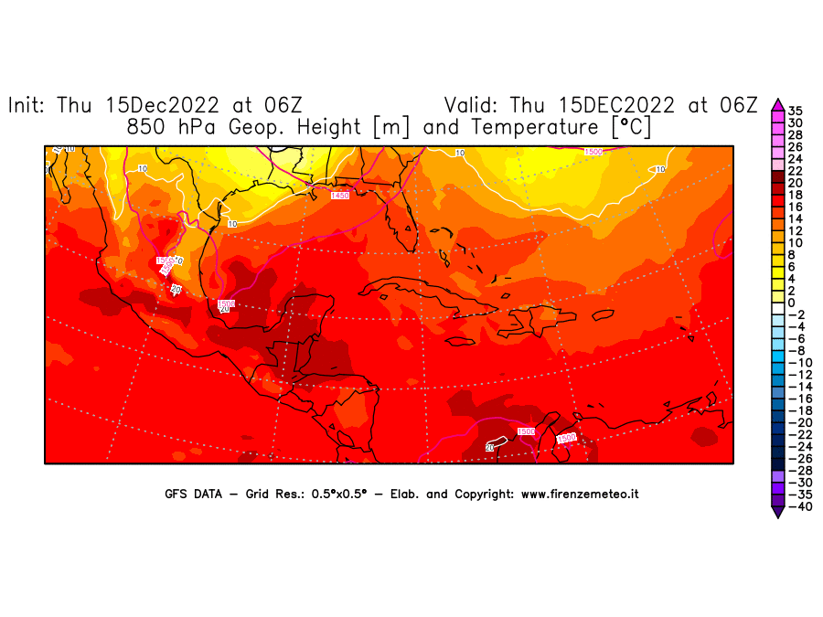 Mappa di analisi GFS - Geopotenziale [m] e Temperatura [°C] a 850 hPa in Centro-America
							del 15/12/2022 06 <!--googleoff: index-->UTC<!--googleon: index-->
