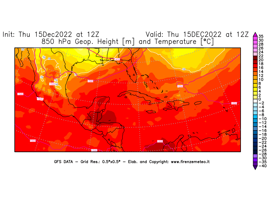 Mappa di analisi GFS - Geopotenziale [m] e Temperatura [°C] a 850 hPa in Centro-America
							del 15/12/2022 12 <!--googleoff: index-->UTC<!--googleon: index-->